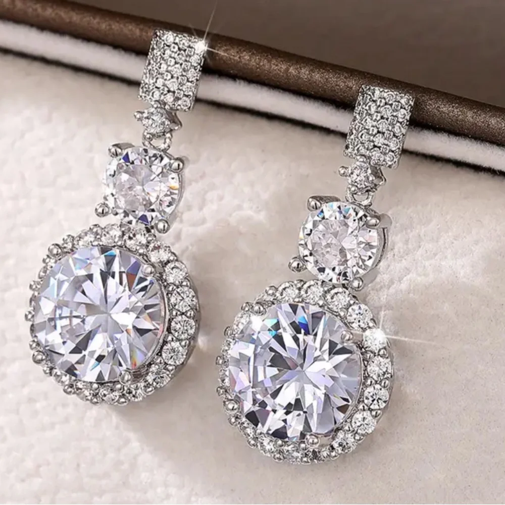 6 Ct T.W. Round Simulated Diamond Halo Drop Dangle, Beautiful, Bridal Earrings - Picture 2 of 10